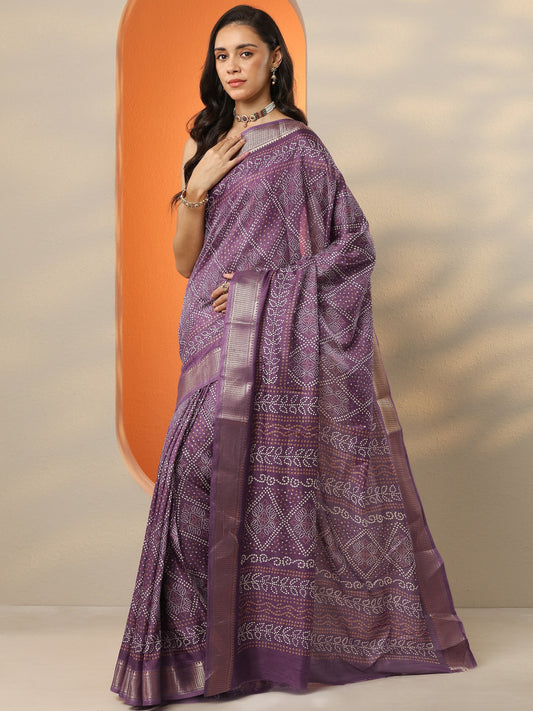 Purple Bandhani Printed Silk Blend Saree With Unstitched Blouse Piece