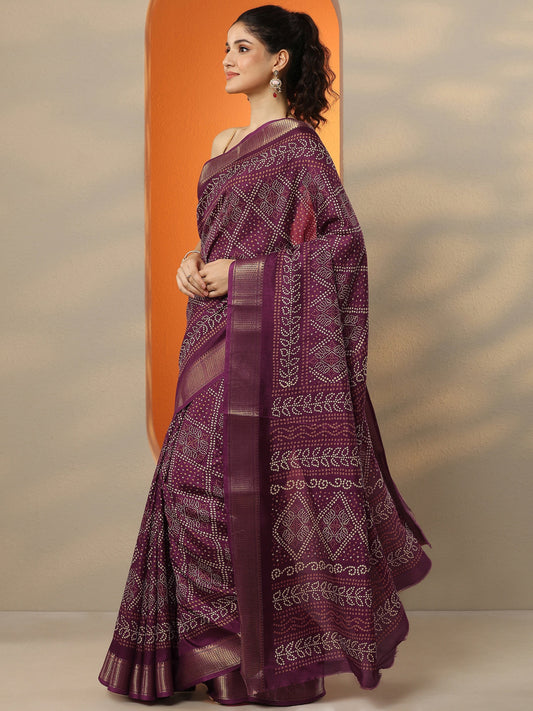 Maroon Bandhani Printed Silk Blend Saree With Unstitched Blouse Piece