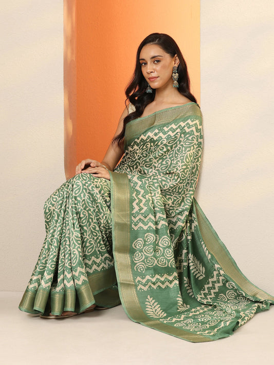 Green Batik Printed Silk Blend Saree With Unstitched Blouse Piece