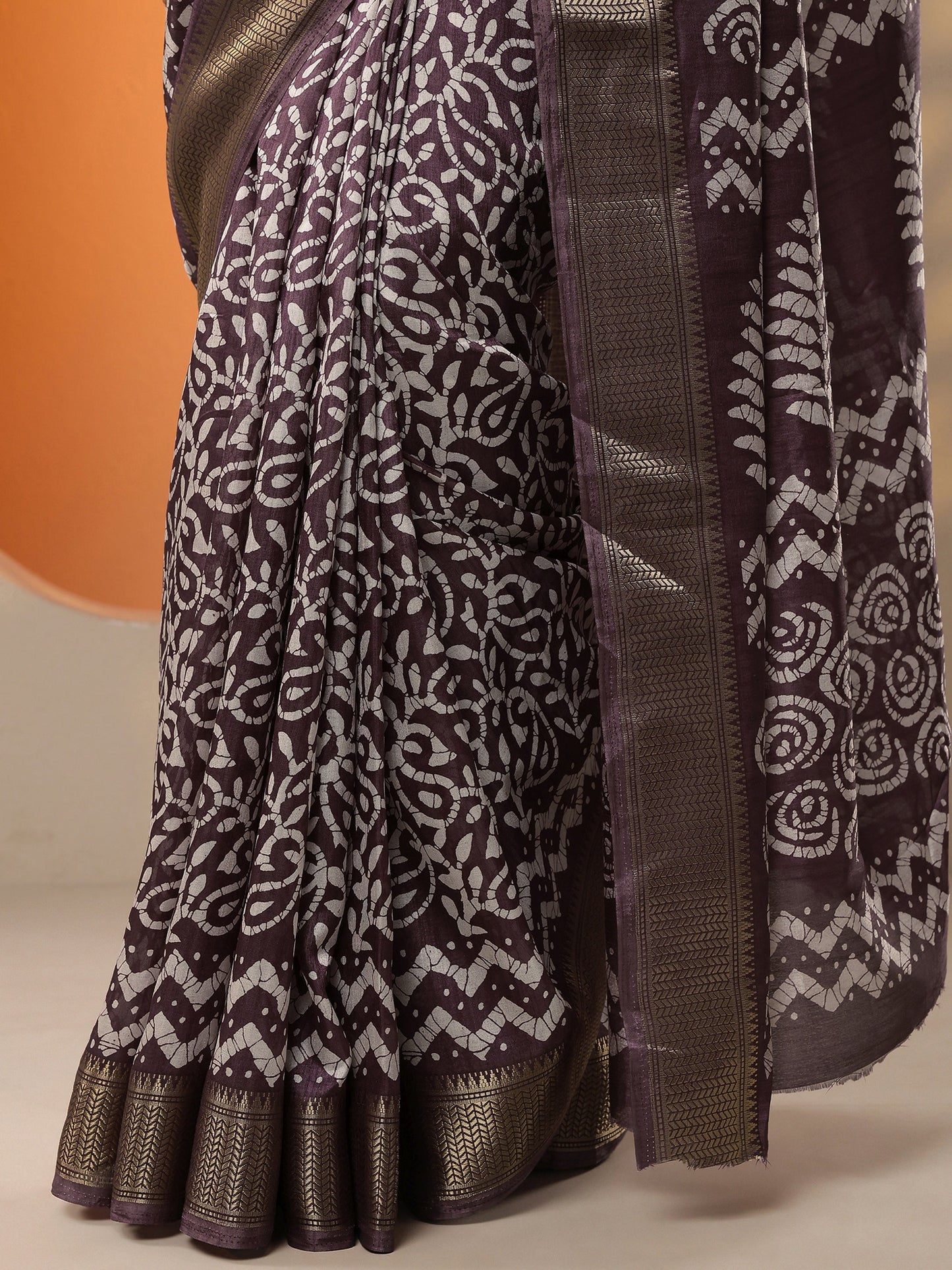 Burgundy Batik Printed Silk Blend Saree With Unstitched Blouse Piece