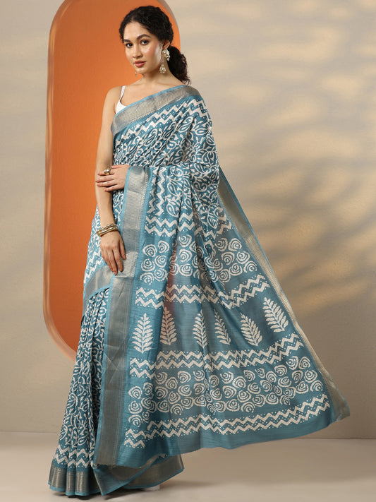 Blue Batik Printed Silk Blend Saree With Unstitched Blouse Piece