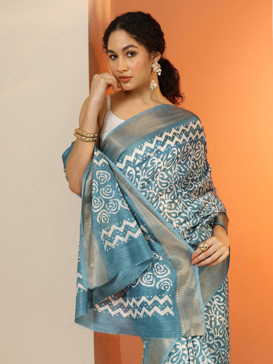 Blue Batik Printed Silk Blend Saree With Unstitched Blouse Piece