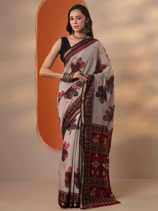 Grey Printed Silk Blend Saree With Unstitched Blouse Piece