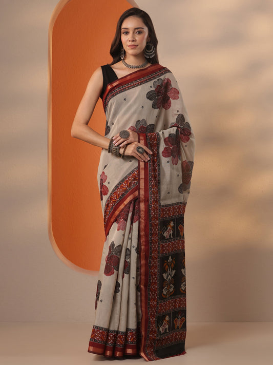 Grey Printed Silk Blend Saree With Unstitched Blouse Piece