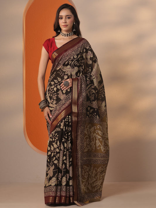 Black Printed Silk Blend Saree With Unstitched Blouse Piece