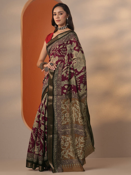 Maroon Printed Silk Blend Saree With Unstitched Blouse Piece