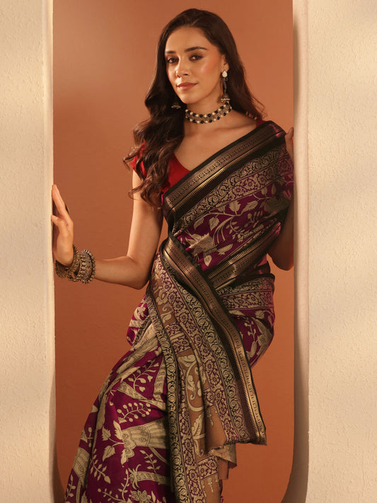 Maroon Printed Silk Blend Saree With Unstitched Blouse Piece