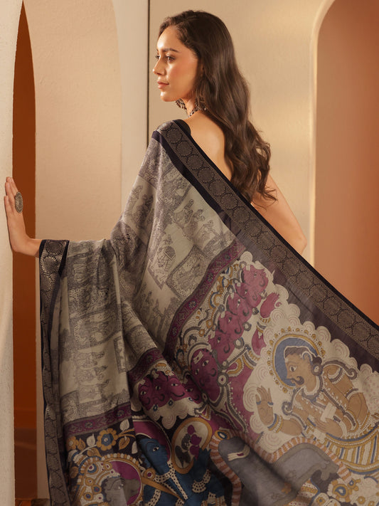 Beige Printed Silk Blend Saree With Unstitched Blouse Piece