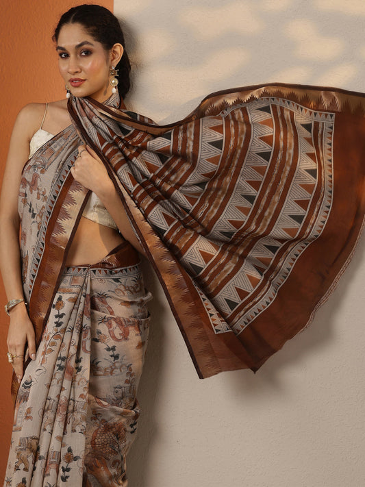 Beige Printed Silk Blend Saree With Unstitched Blouse Piece