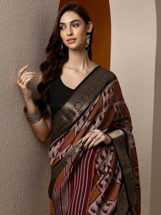 Grey Printed Silk Blend Saree With Unstitched Blouse Piece