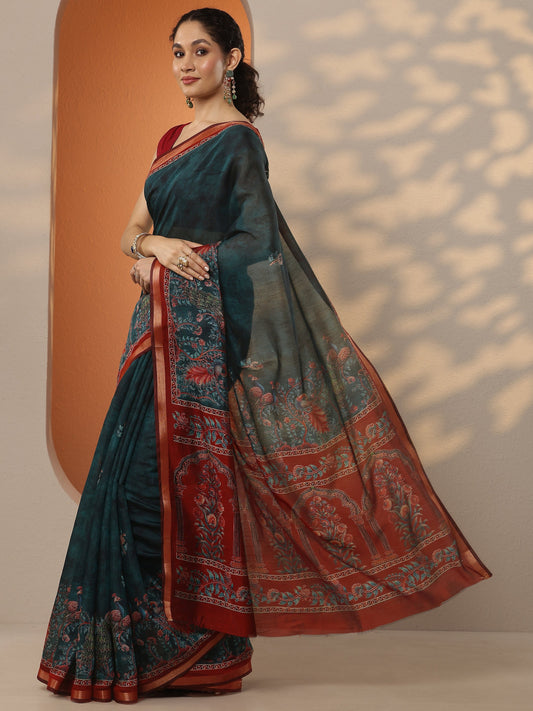 Teal Printed Silk Blend Saree With Unstitched Blouse Piece