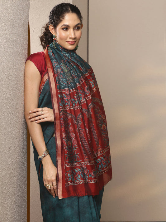 Teal Printed Silk Blend Saree With Unstitched Blouse Piece