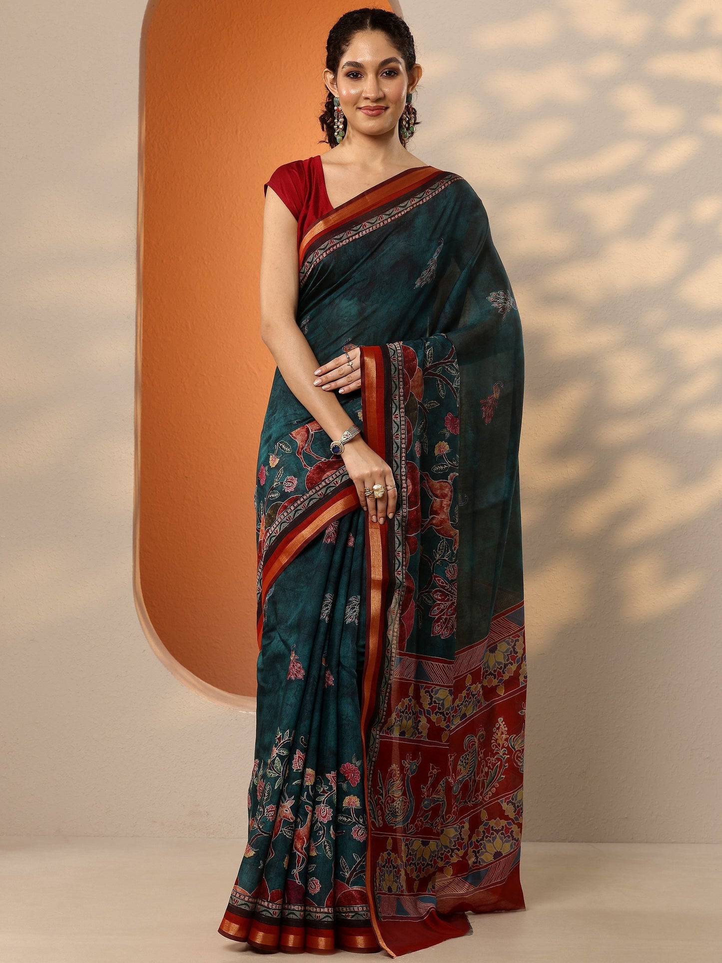 Green Printed Silk Blend Saree With Unstitched Blouse Piece