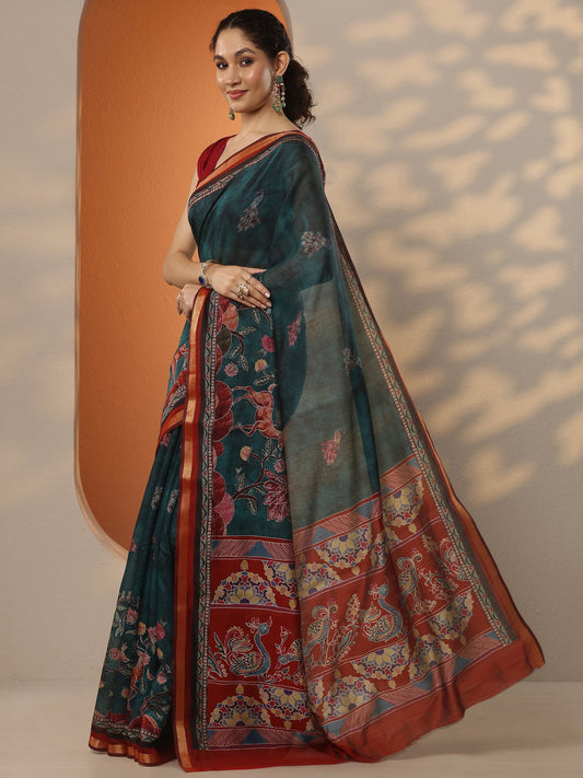 Green Printed Silk Blend Saree With Unstitched Blouse Piece