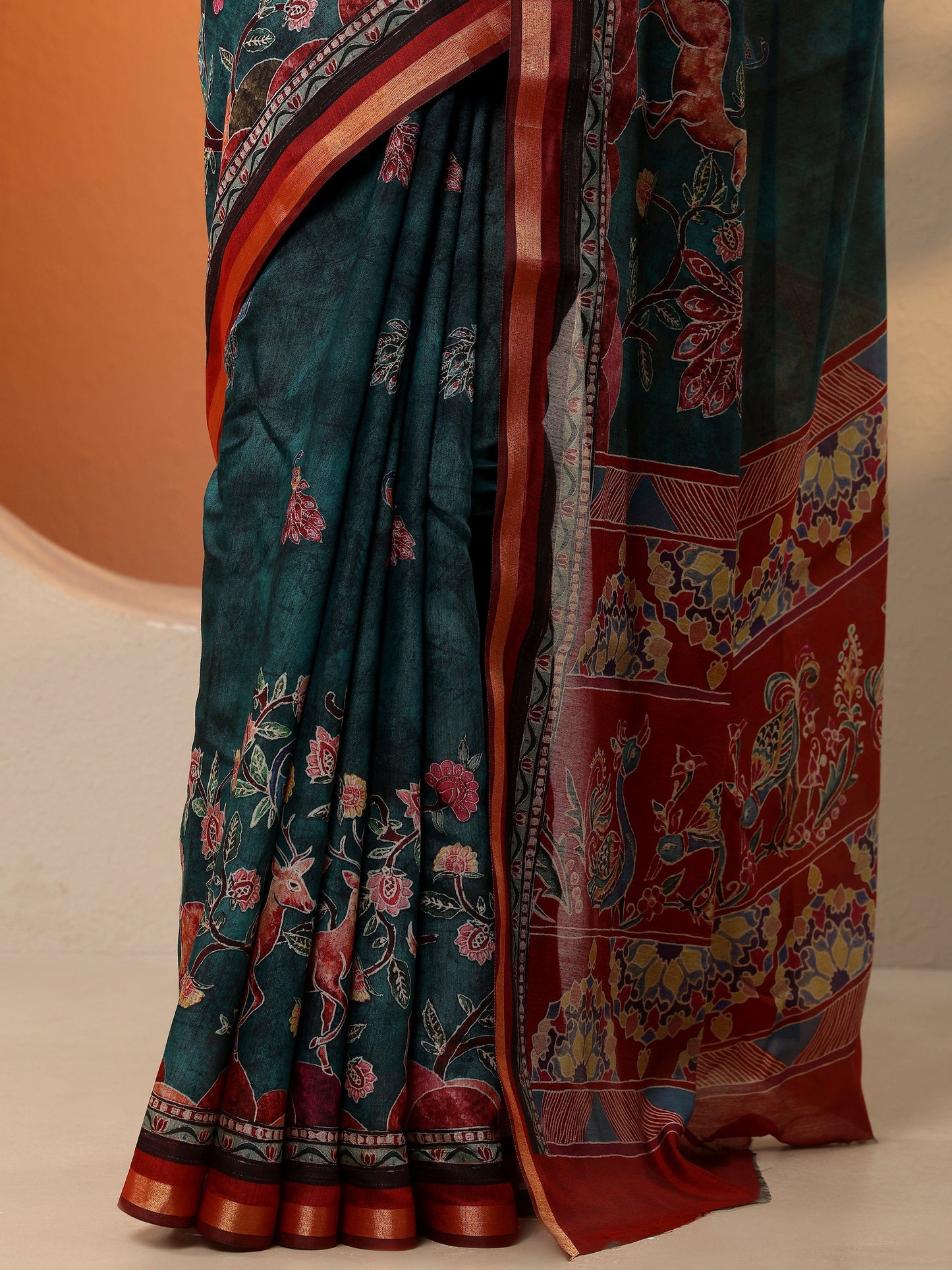 Green Printed Silk Blend Saree With Unstitched Blouse Piece