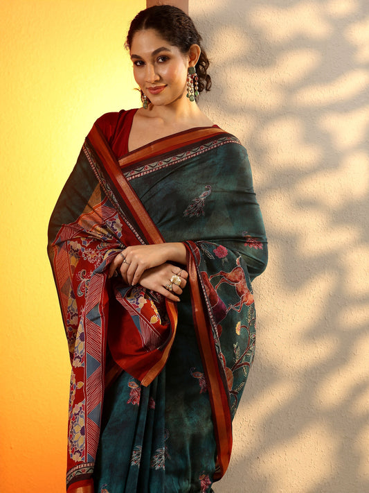 Green Printed Silk Blend Saree With Unstitched Blouse Piece
