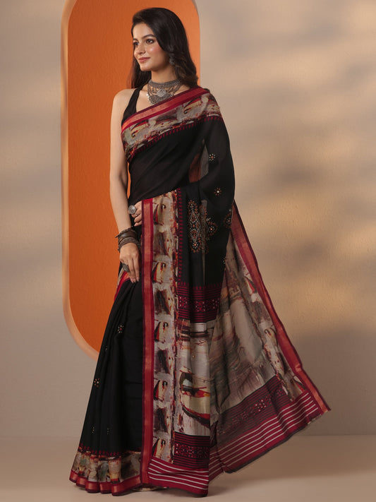 Black Printed Silk Blend Saree With Unstitched Blouse Piece