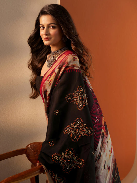 Black Printed Silk Blend Saree With Unstitched Blouse Piece