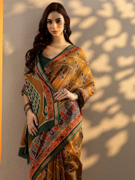Mustard Ikkat Printed Silk Blend Saree With Unstitched Blouse Piece