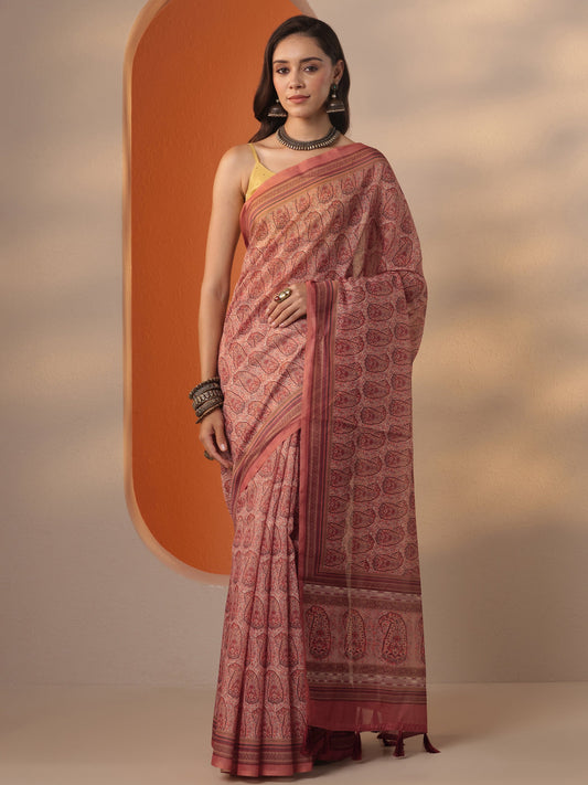 Brown Printed Silk Blend Saree With Unstitched Blouse Piece