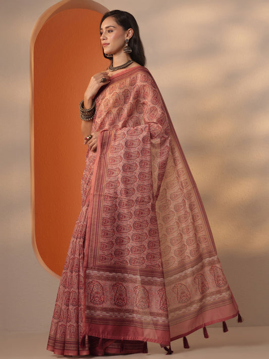 Brown Printed Silk Blend Saree With Unstitched Blouse Piece