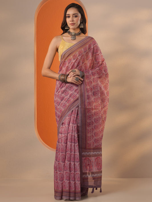Grey Printed Silk Blend Saree With Unstitched Blouse Piece