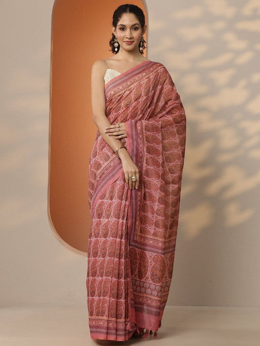Mauve Printed Silk Blend Saree With Unstitched Blouse Piece