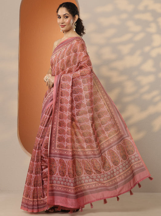 Mauve Printed Silk Blend Saree With Unstitched Blouse Piece
