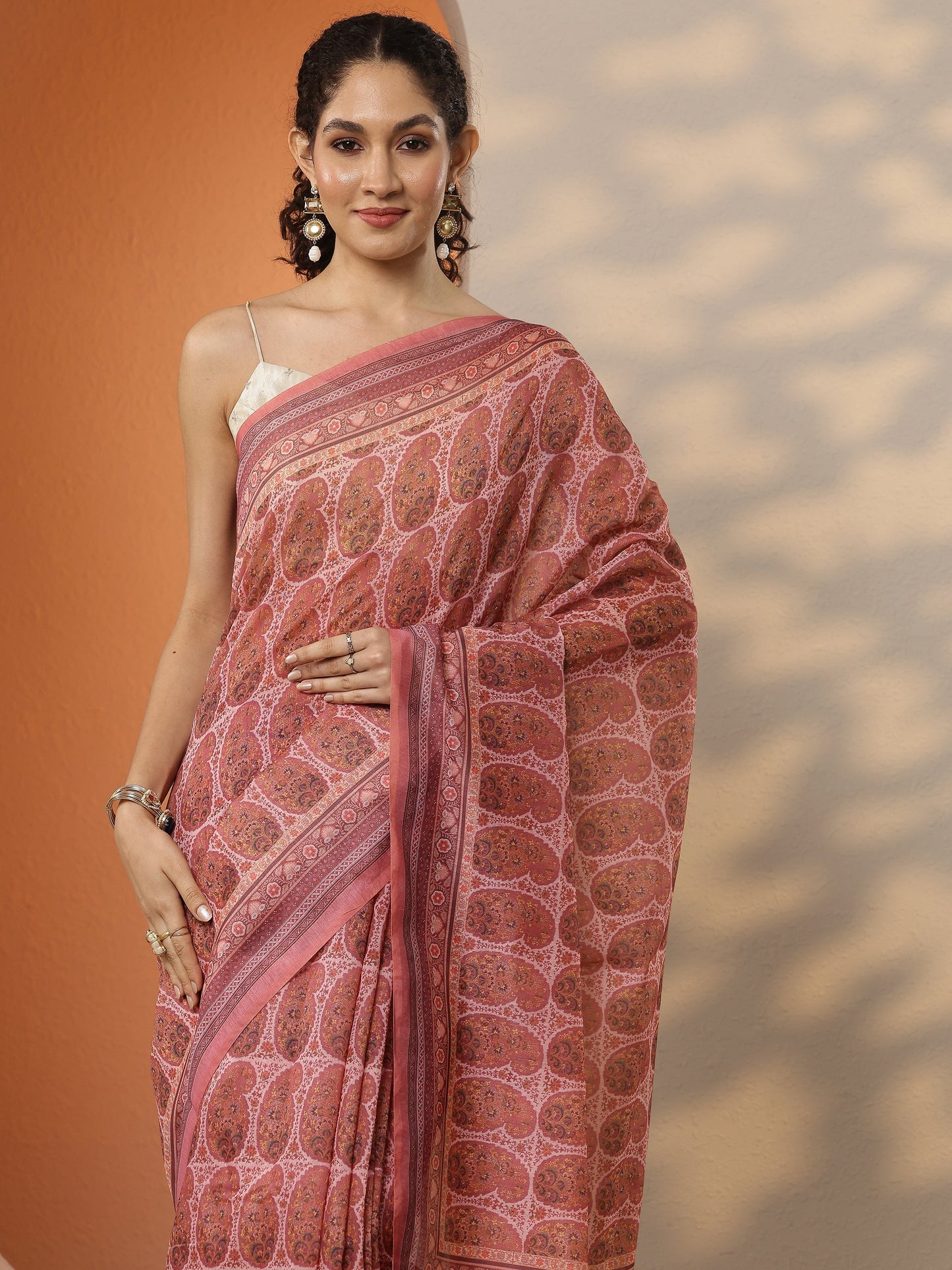Mauve Printed Silk Blend Saree With Unstitched Blouse Piece