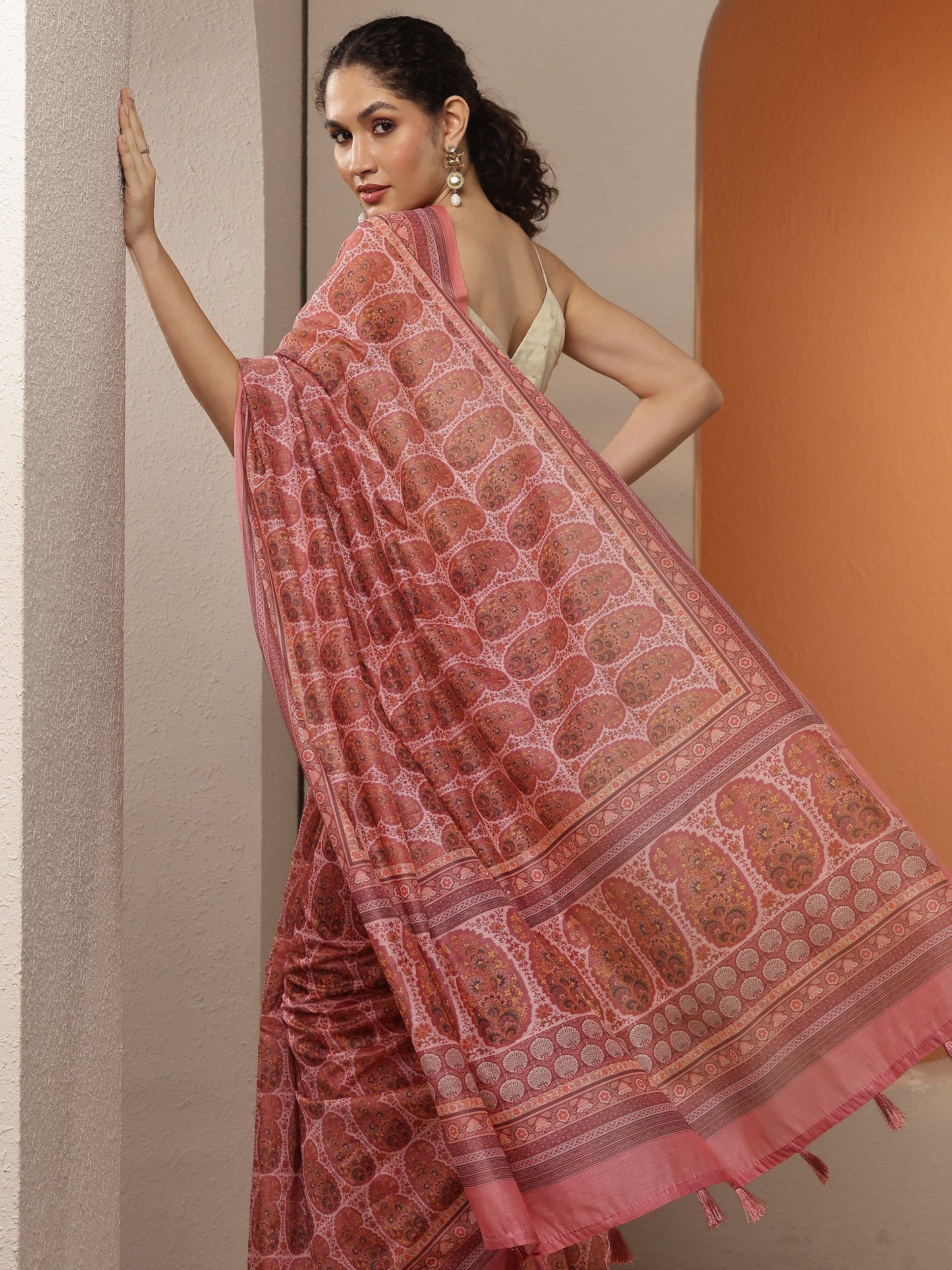 Mauve Printed Silk Blend Saree With Unstitched Blouse Piece