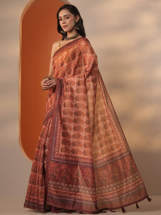 Brown Printed Silk Blend Saree With Unstitched Blouse Piece