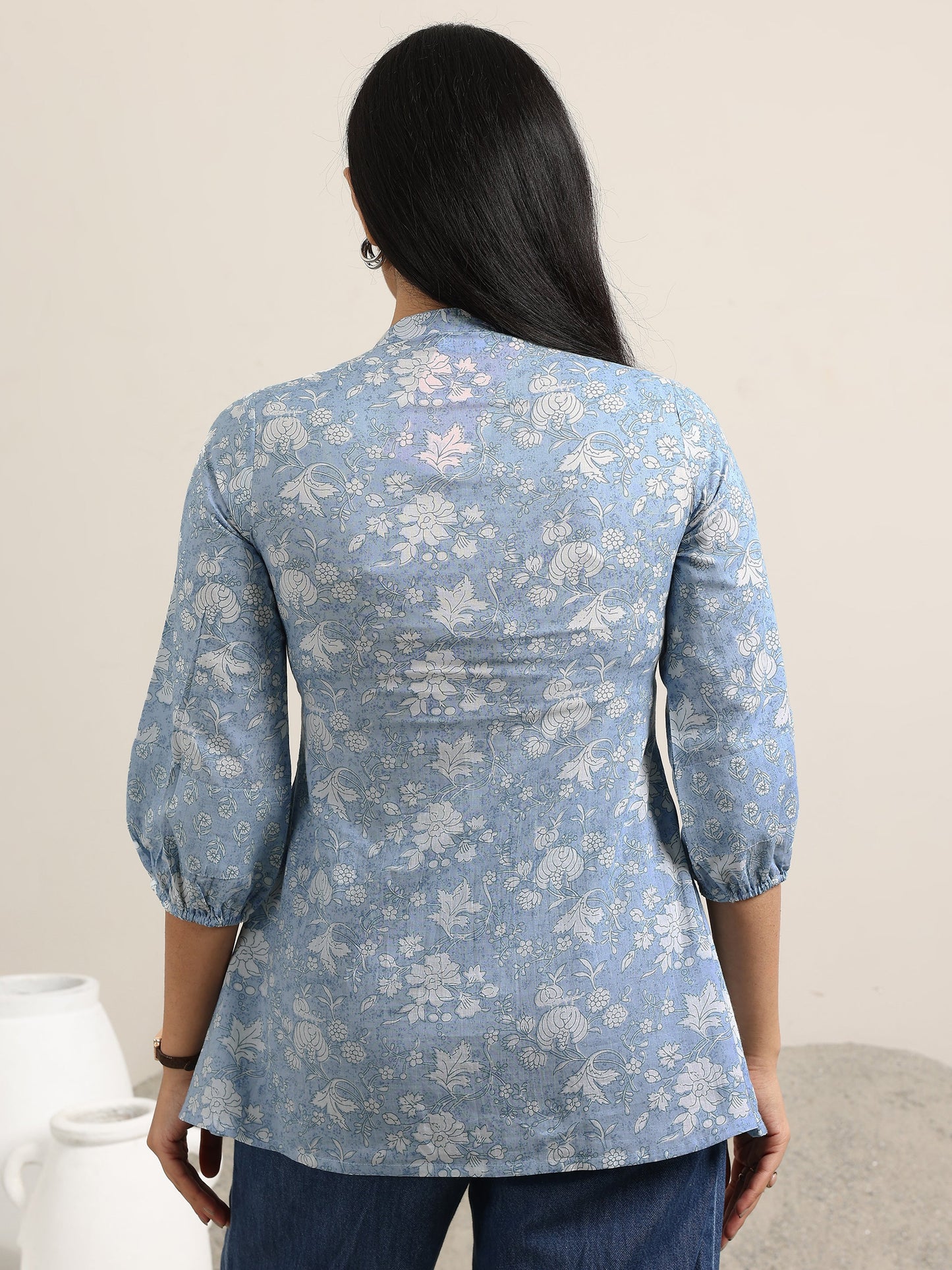 Blue Printed Cotton Anarkali Kurti