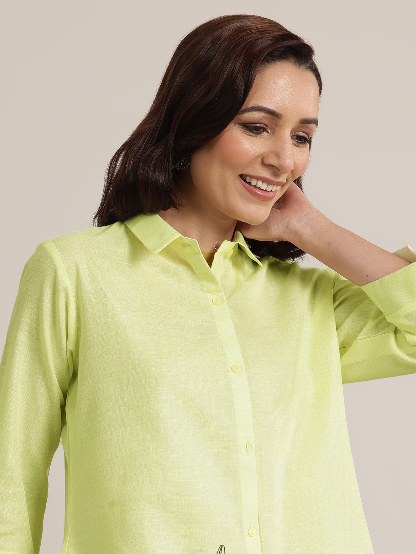 Lime Printed Cotton Blend Straight Short Kurti