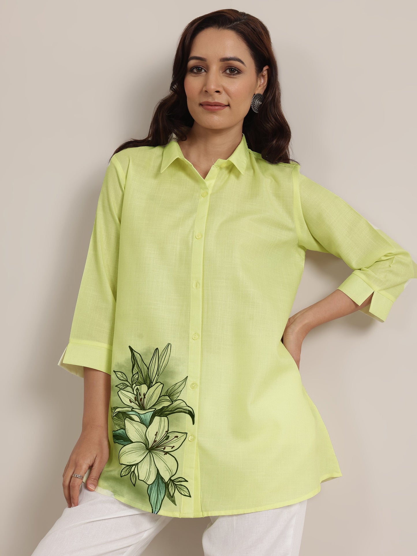 Lime Printed Cotton Blend Straight Short Kurti