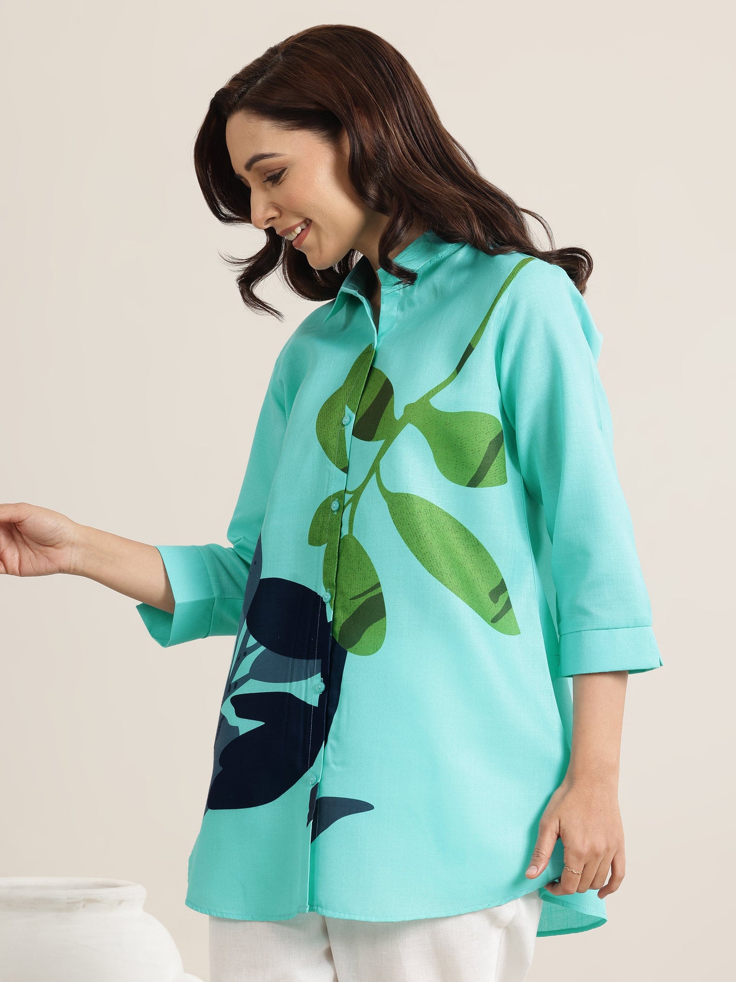 Blue Printed Cotton Blend Straight Short Kurti