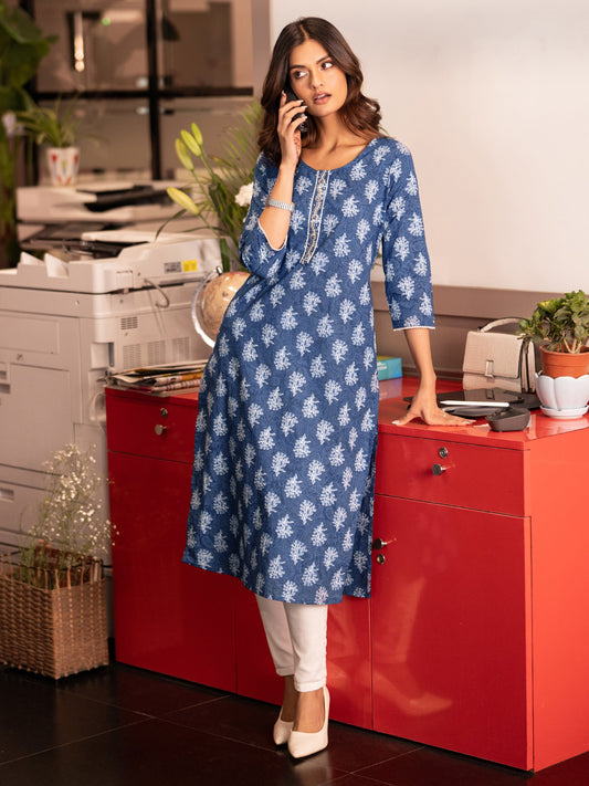 Blue Printed Cotton Straight Kurta