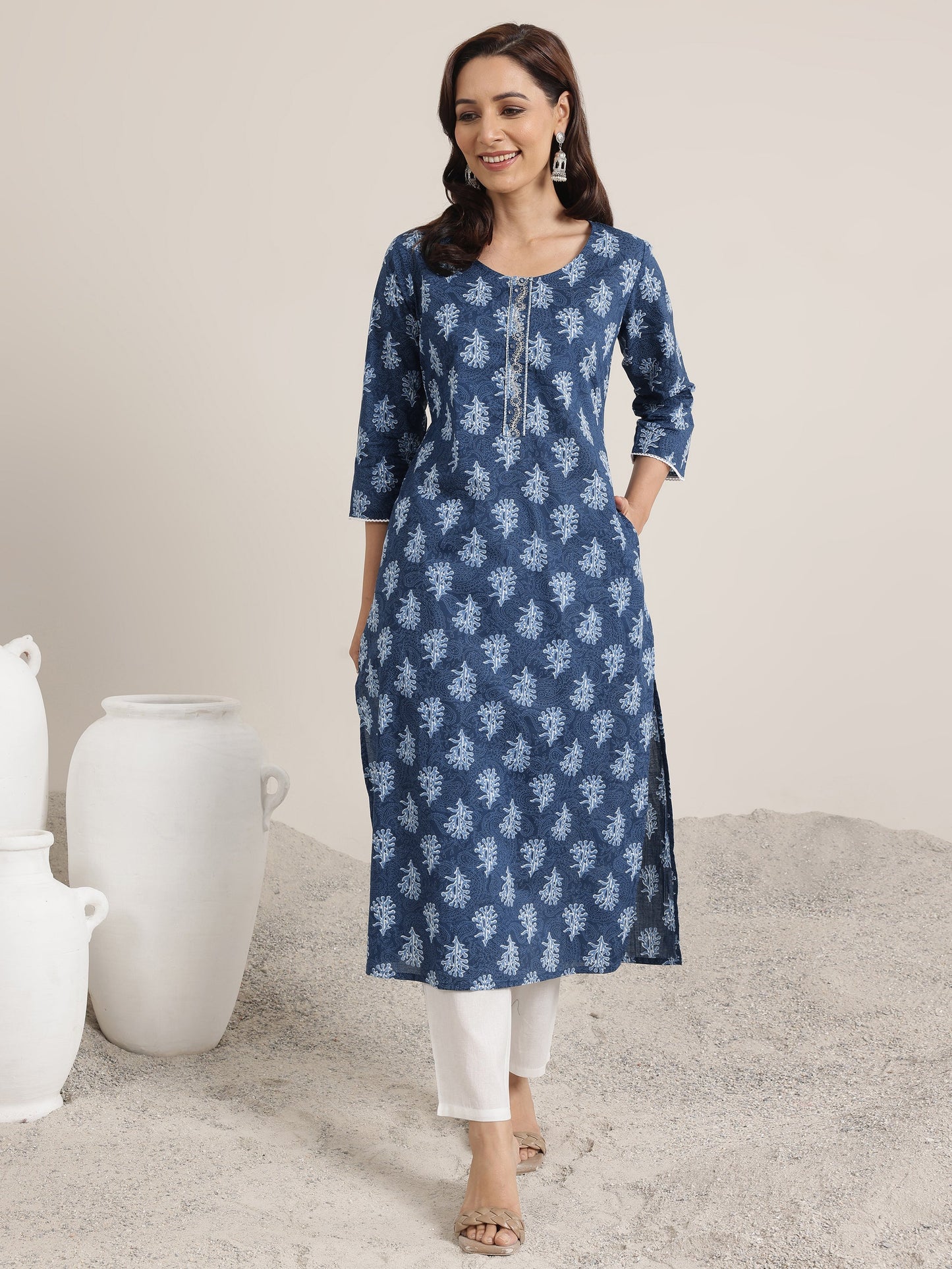 Blue Printed Cotton Straight Kurta