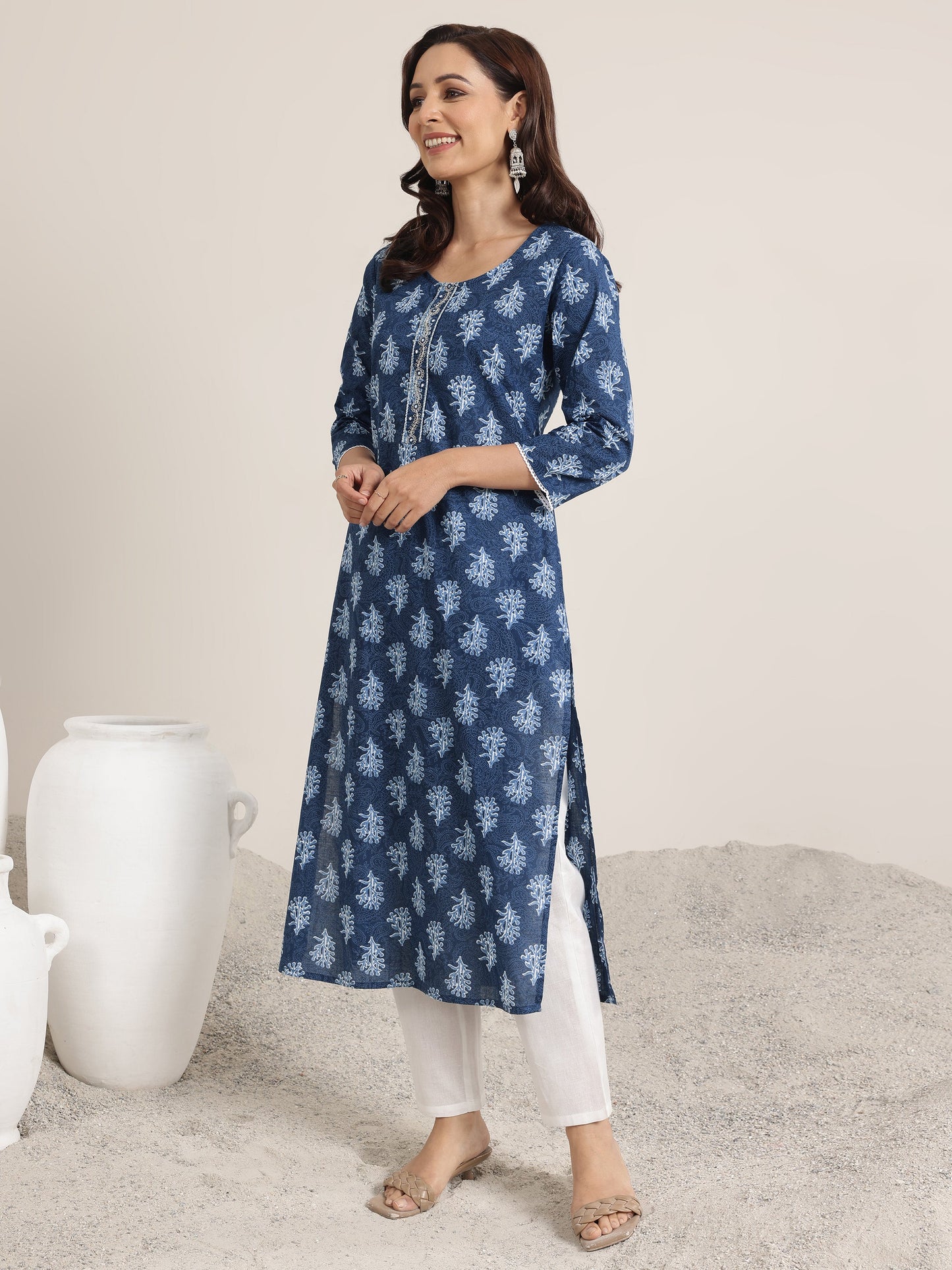 Blue Printed Cotton Straight Kurta