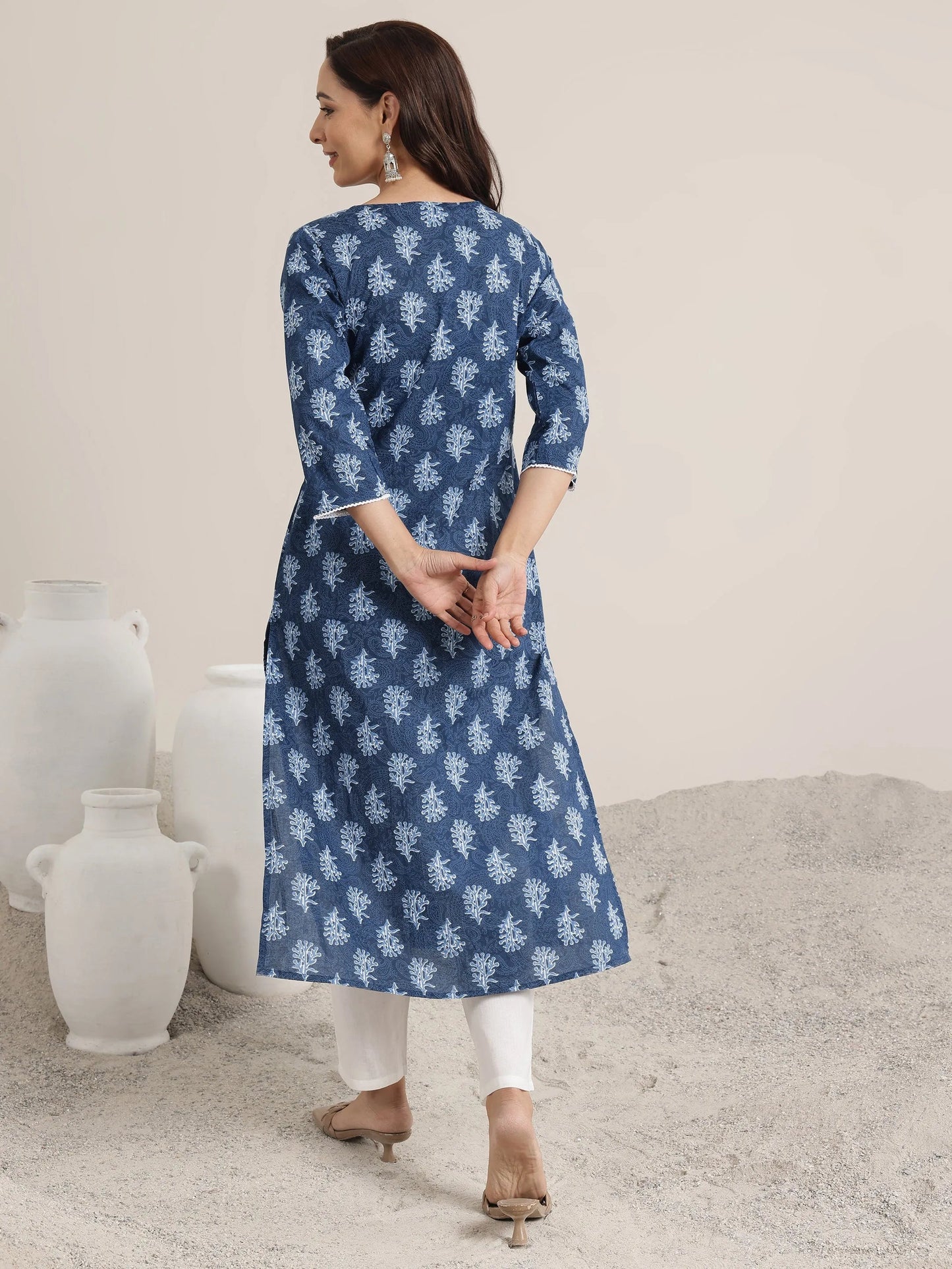 Blue Printed Cotton Straight Kurta
