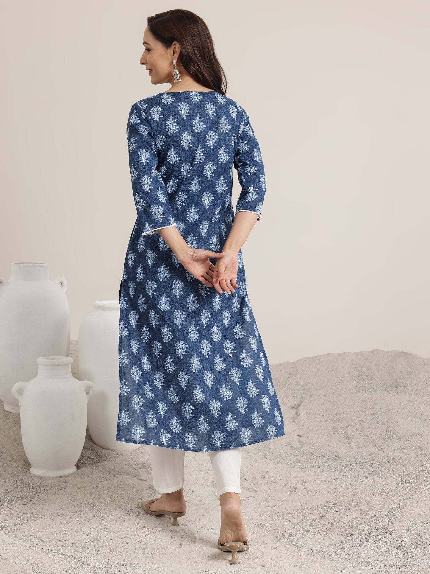 Blue Printed Cotton Straight Kurta