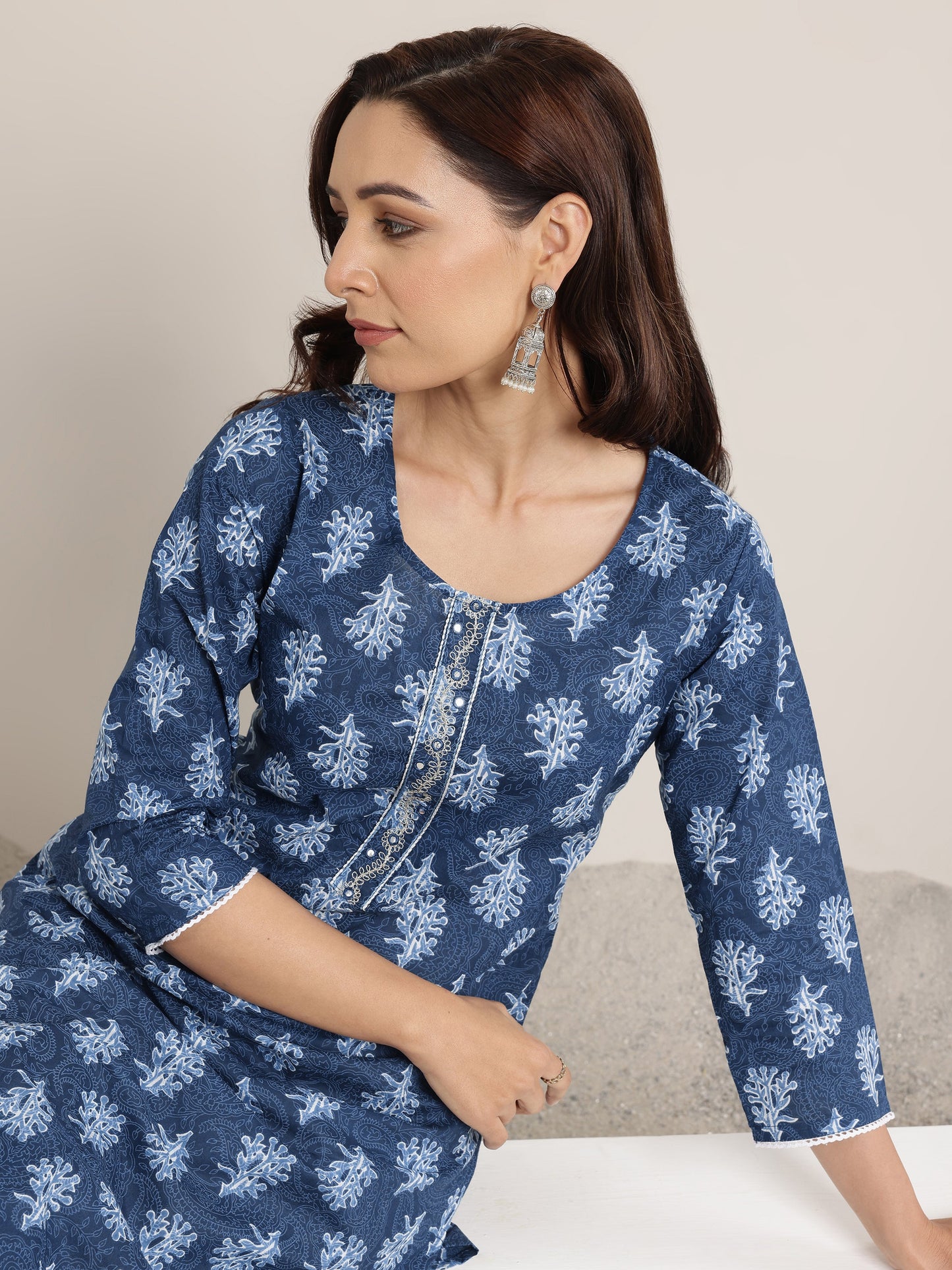 Blue Printed Cotton Straight Kurta