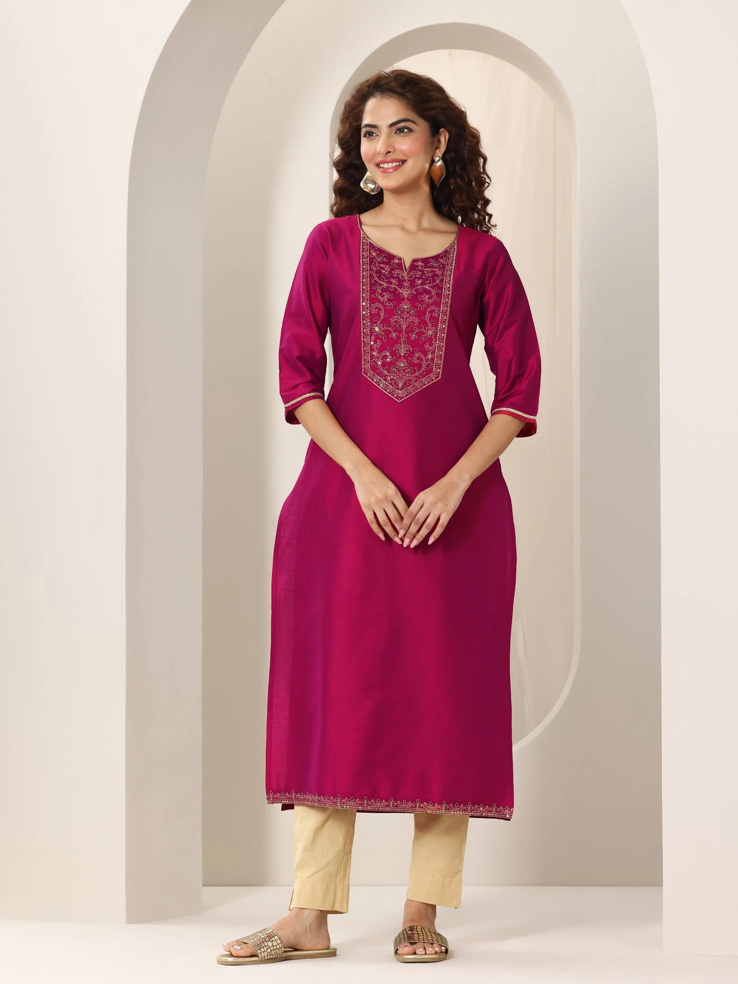 Pink Yoke Design Silk Straight Kurta