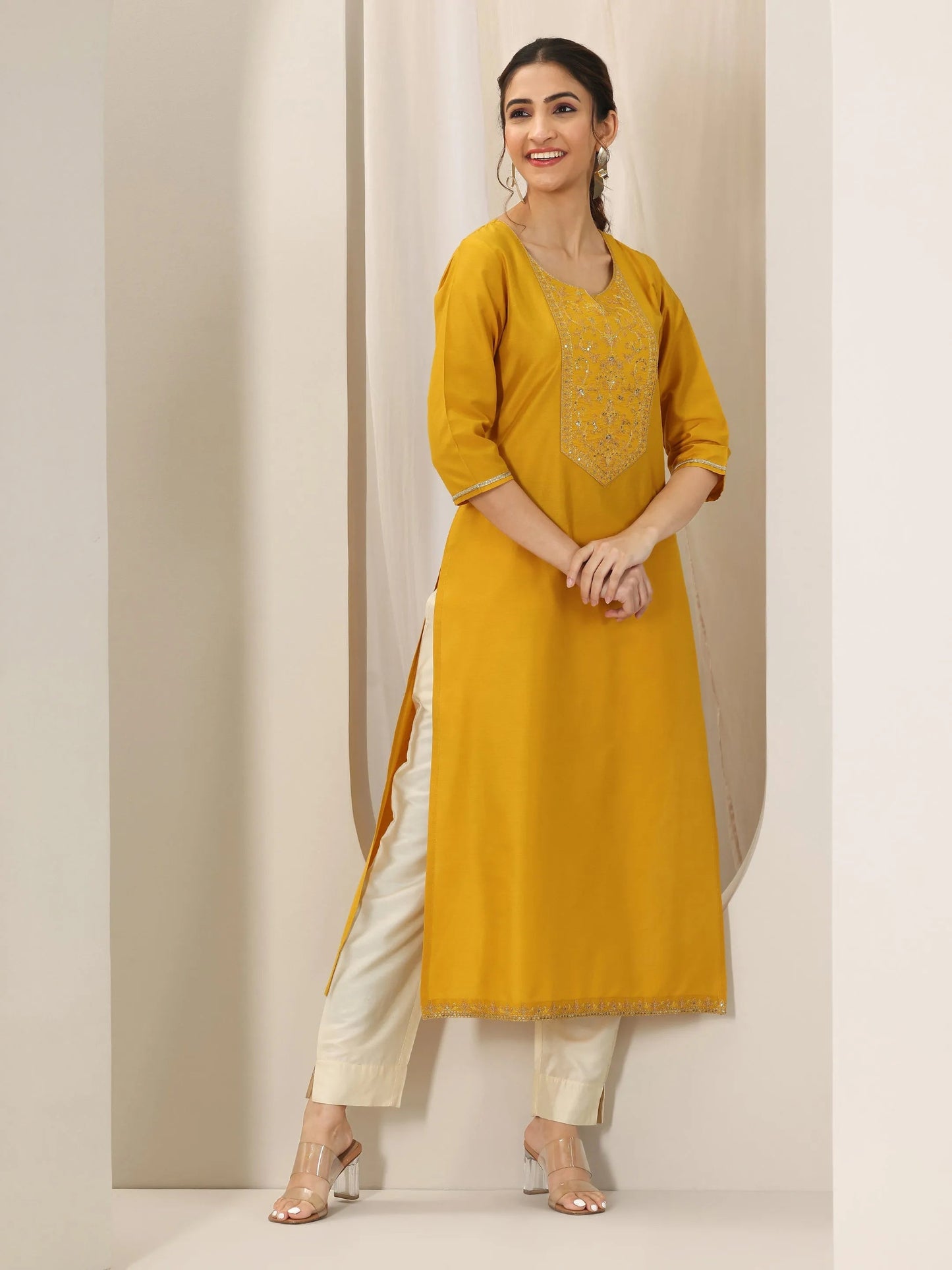 Mustard Yoke Design Silk Straight Kurta