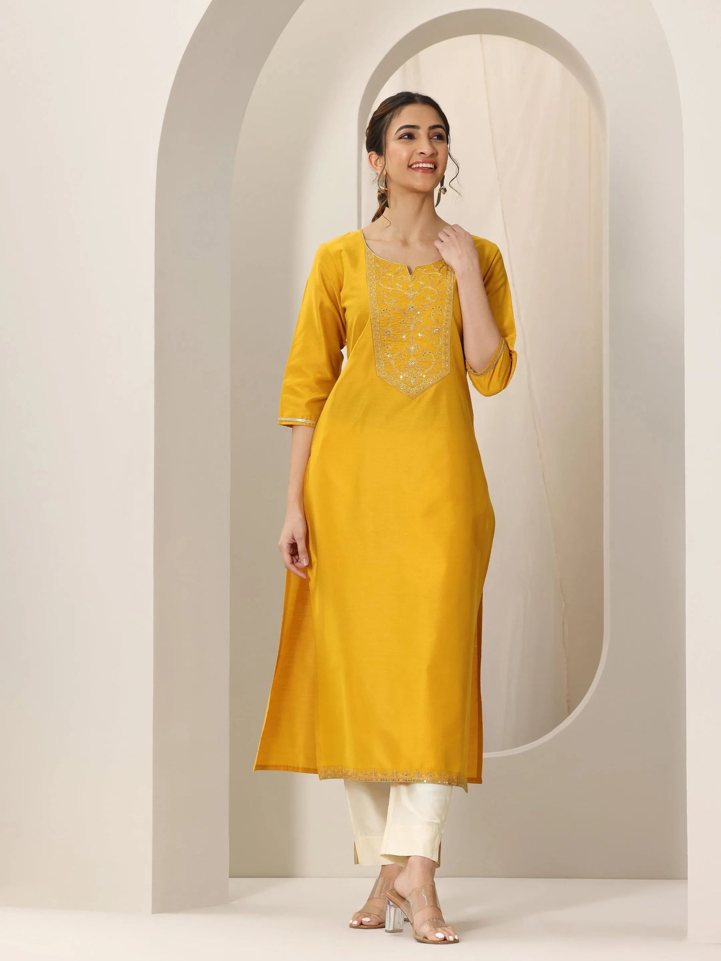 Mustard Yoke Design Silk Straight Kurta