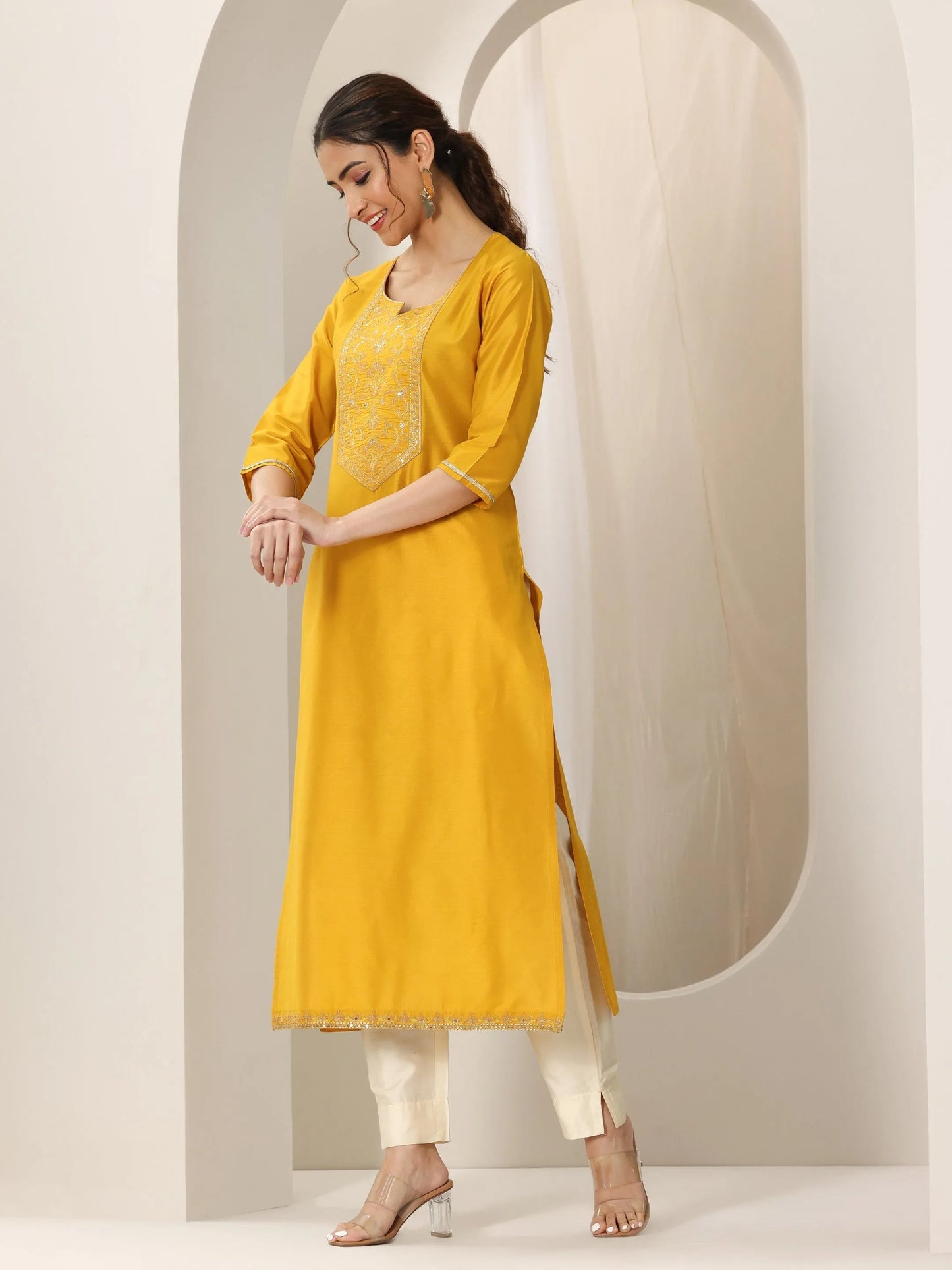 Mustard Yoke Design Silk Straight Kurta