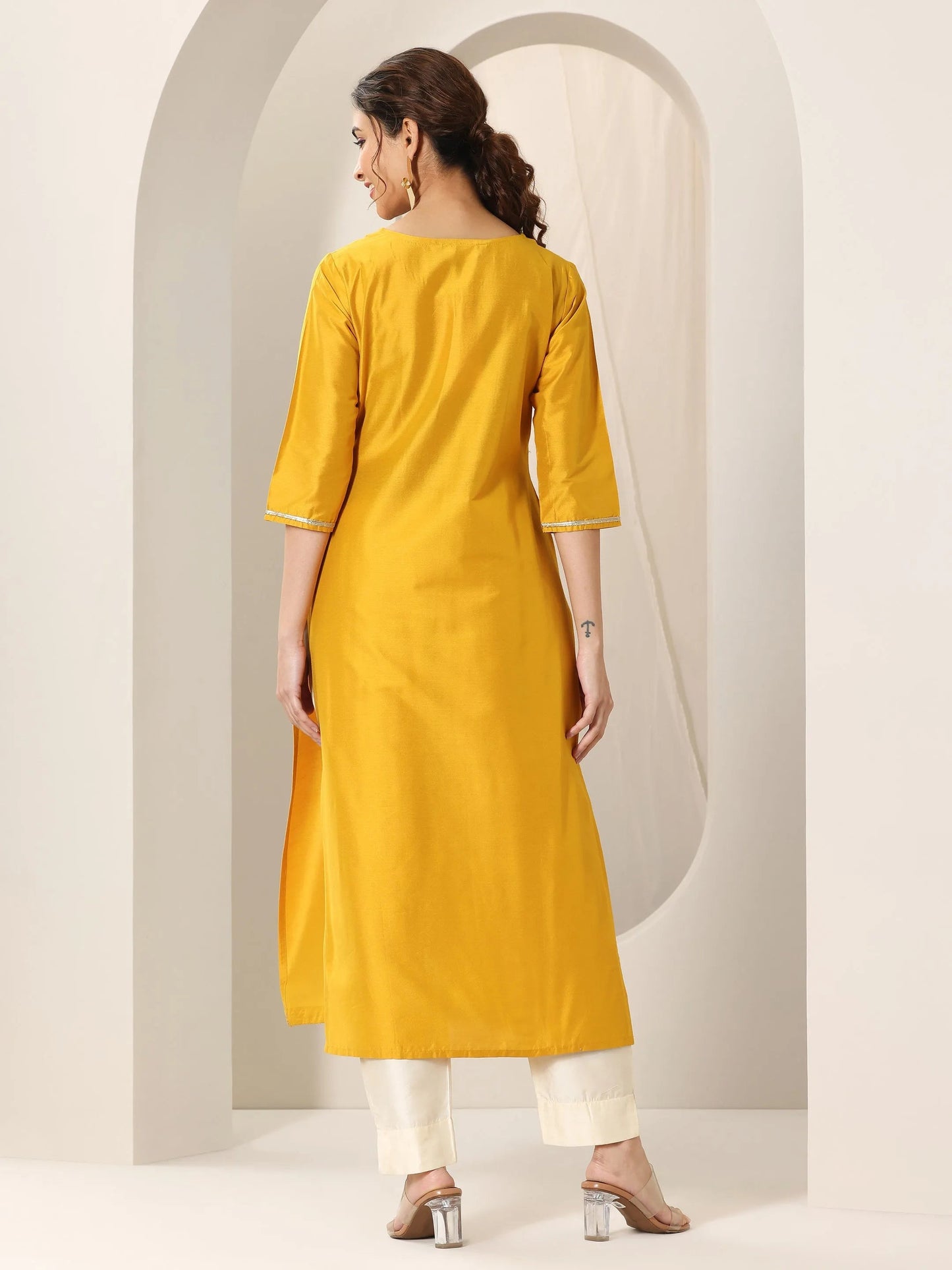 Mustard Yoke Design Silk Straight Kurta