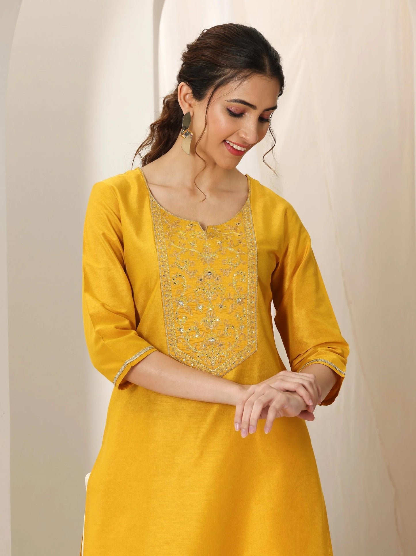 Mustard Yoke Design Silk Straight Kurta
