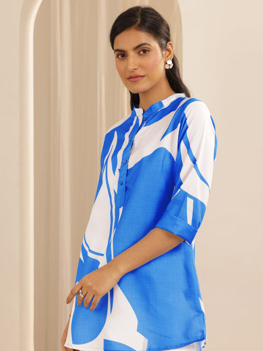 Blue Printed Viscose Straight Short Kurti