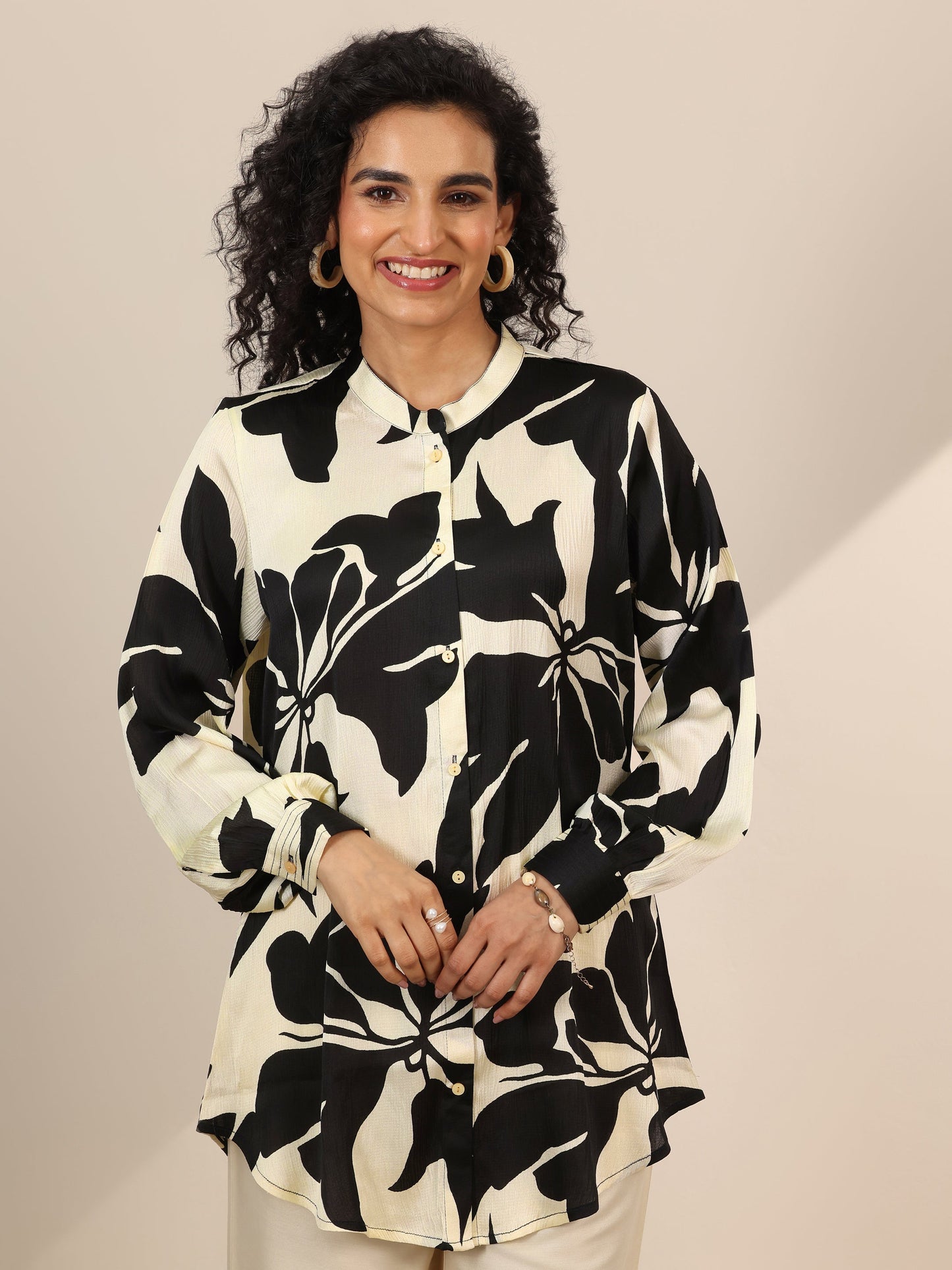 Off White Printed Silk Blend Straight Tunic