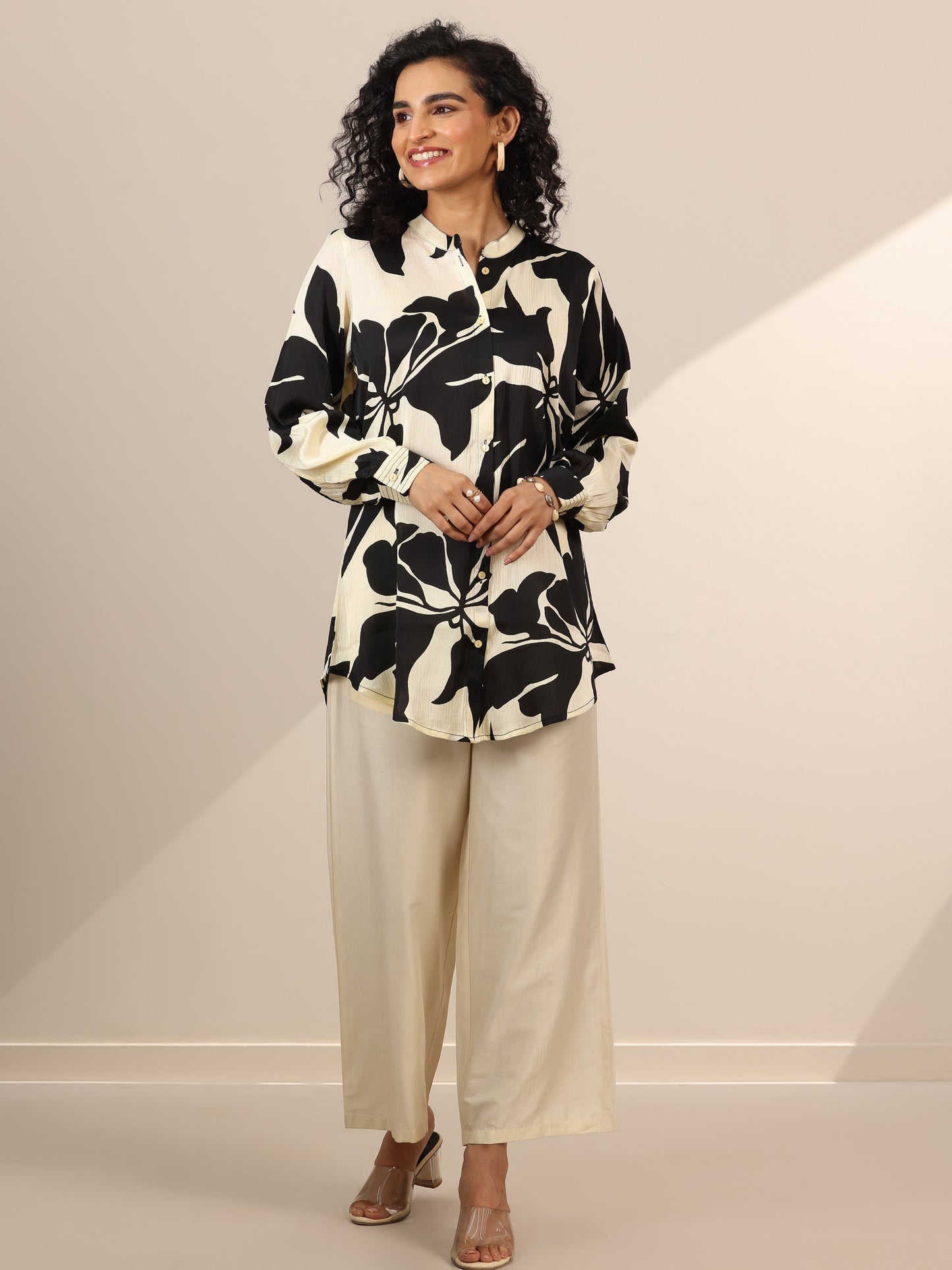 Off White Printed Silk Blend Straight Tunic